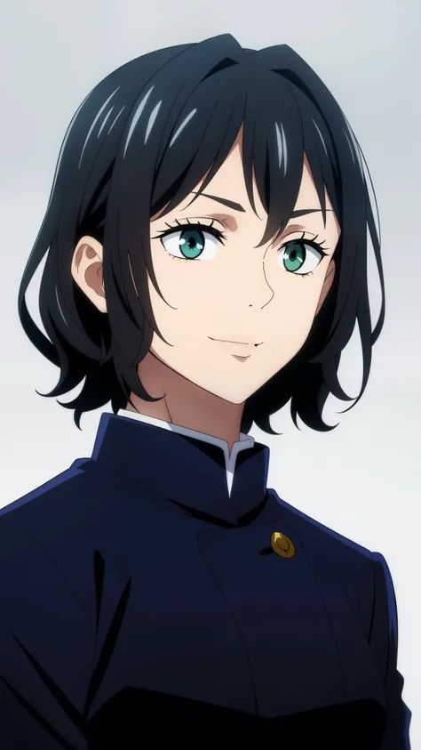 (high-quality, breathtaking),(expressive eyes, perfect face) 1girl, female, solo, ager, black hair, bright meadow green eye color, medium hair length, looking at viewer, half body, bright smile, kind face, cheerful expression, slightly tanned skin, dark bl...
