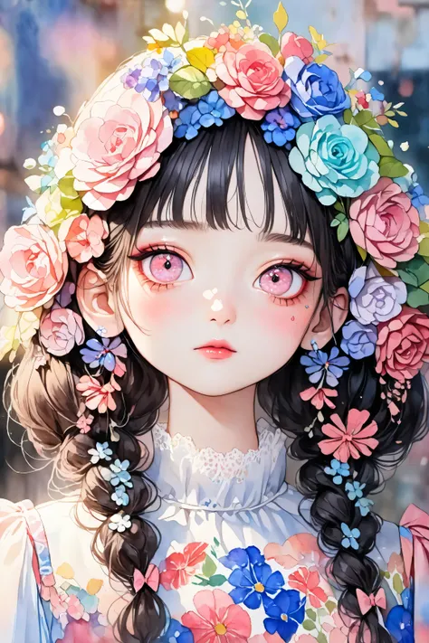 A young japanese woman, beautiful detailed eyes, beautiful detailed lips, extremely detailed eyes and face, long eyelashes, woman wearing a flowery dress, pastel painting oil stick painting, thick coating, texture, inspired by Moebius, trippy, (((watercolo...