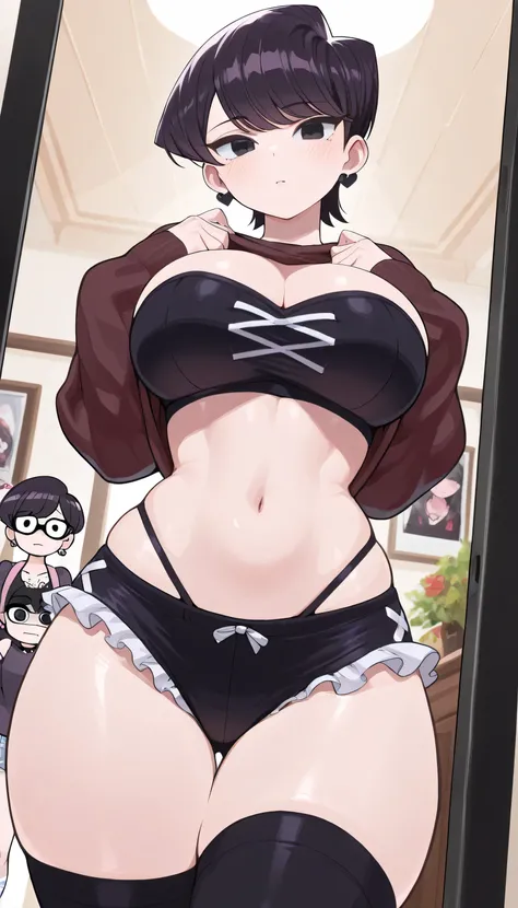 ((Busty Bitches)), score_9, score_8_up, score_7_up, 1girl, Shuuko Komi, short hair, black hair, Ultra cute, ultra sexy, ultra feminine, ultra curvy, ultra bouncy, perfect eyes, black eyes, perfect face, large breasts, (Sexy Photoshoot), stupid bimbo, bimbo...