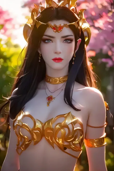 One 20 year old girl, breast 1.1, navel,upper body,bare shoulders,wears red tube top,red skirt, blue gems,shiny skin,hand in own hair,(mature female),milf, beautiful cai lin, deep blue eyes, jet black long hair, face symmetry 8k resolution high quality. ...