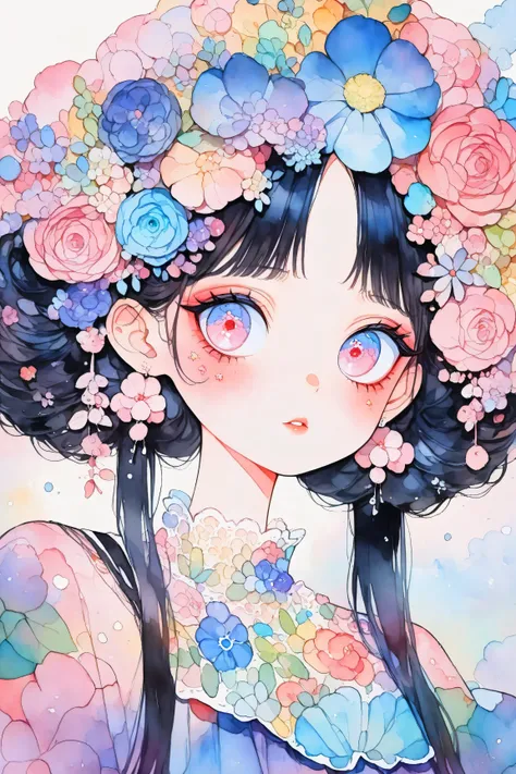 A young japanese woman, beautiful detailed eyes, beautiful detailed lips, extremely detailed eyes and face, long eyelashes, woman wearing a flowery dress, pastel painting oil stick painting, thick coating, texture, inspired by Moebius, trippy, (((watercolo...