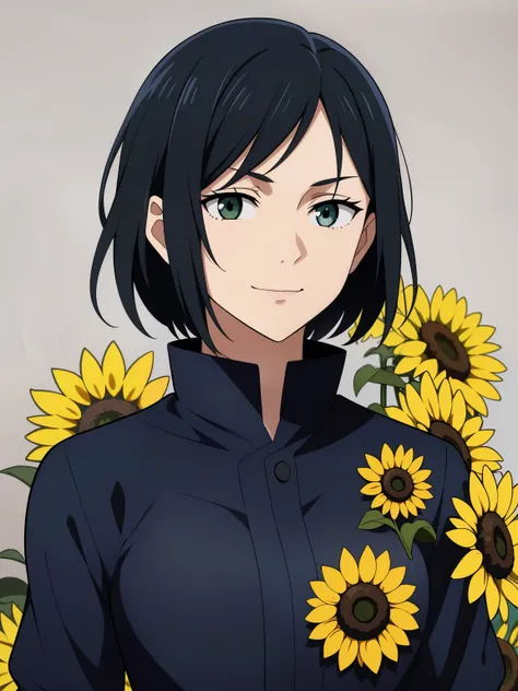 (high-quality, breathtaking),(expressive eyes, perfect face) 1girl, female, solo, ager, black hair, bright meadow green eye color, medium hair length, looking at viewer, half body, bright smile, kind face, cheerful expression, slightly tanned skin, dark bl...