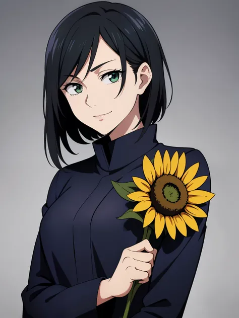 (high-quality, breathtaking),(expressive eyes, perfect face) 1girl, female, solo, ager, black hair, bright meadow green eye color, medium hair length, looking at viewer, half body, bright smile, kind face, cheerful expression, slightly tanned skin, dark bl...