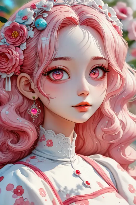 A young japanese woman, beautiful detailed eyes, beautiful detailed lips, extremely detailed eyes and face, long eyelashes, woman wearing a flowery dress, pastel painting oil stick painting, thick coating, texture, inspired by Moebius, trippy, (((watercolo...