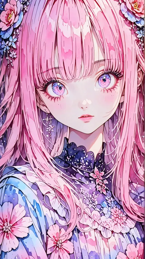A young japanese woman, beautiful detailed eyes, beautiful detailed lips, extremely detailed eyes and face, long eyelashes, woman wearing a flowery dress, pastel painting oil stick painting, thick coating, texture, inspired by Moebius, trippy, (((watercolo...