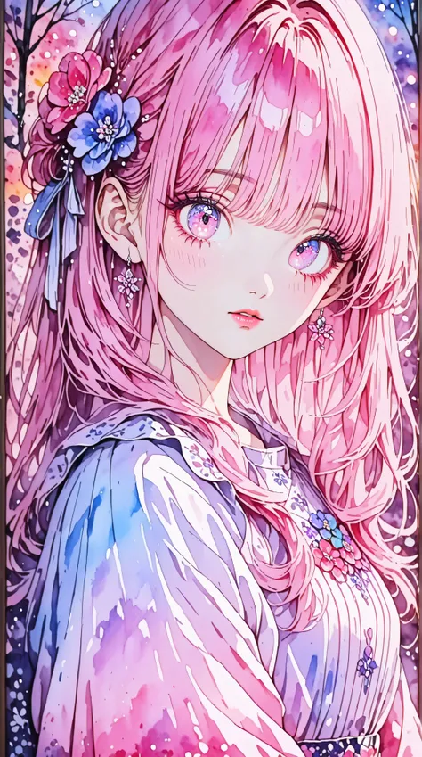 A young japanese woman, beautiful detailed eyes, beautiful detailed lips, extremely detailed eyes and face, long eyelashes, woman wearing a flowery dress, pastel painting oil stick painting, thick coating, texture, inspired by Moebius, trippy, (((watercolo...