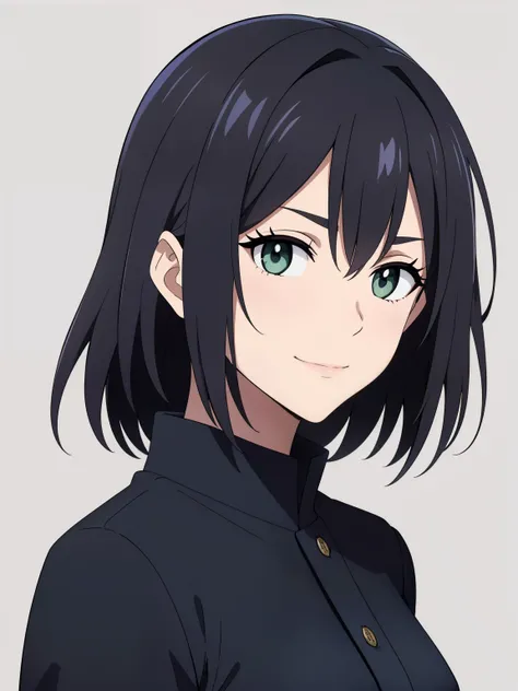(high-quality, breathtaking),(expressive eyes, perfect face) 1girl, female, solo, ager, black hair, bright meadow green eye color, medium hair length, looking at viewer, half body, bright smile, kind face, cheerful expression, slightly tanned skin, dark bl...