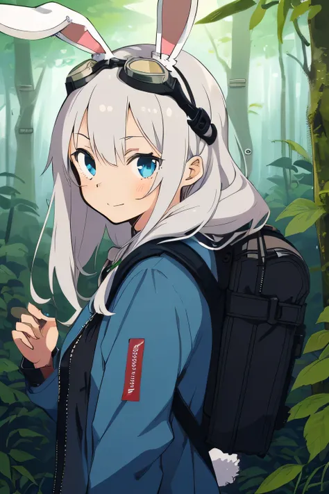 (best-quality:0.8), perfect anime illustration, 1girl, solo, long white hair, cyborg, (bunny ears, goggles on head, blue jacket, wearing a small backpack, hiking through a forest), mecha, automaton, creature, plant sprout, blossoms, raindrops, spring, magi...
