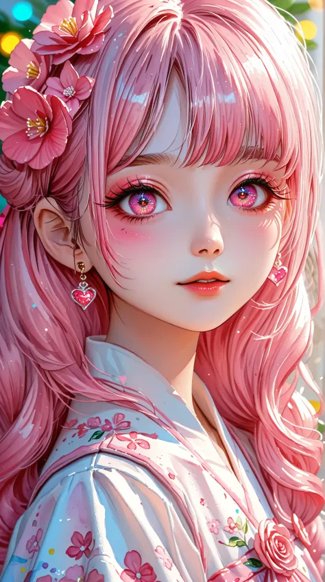 A young japanese woman, beautiful detailed eyes, beautiful detailed lips, extremely detailed eyes and face, long eyelashes, woman wearing a flowery dress, pastel painting oil stick painting, thick coating, texture, inspired by Moebius, trippy, (((watercolo...