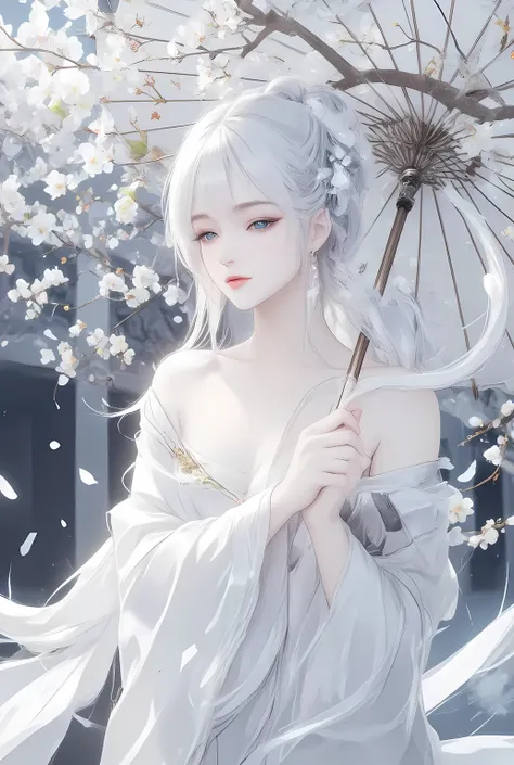 white cherry blossom tree， High detail(1,4), Very detailed，An ancient Chinese goddess standing , Holding a white umbrella ， details Face ，Light makeup， close eyes，1 girl, solo, White ponytail long hair, ribbon, Chest, Chinese goddess wearing a bright antiq...