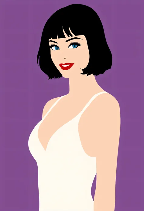 Aesthetically_Pleasant_Pose, 1Woman, Solo, Stencil, close up, A captivating simple Vector art of a black bob hair female wearing a white negligee, white short dress, blue eyes, and a red lip, bare shoulders, purple background. Standing up, it’s a very mini...