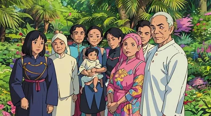 there are many people standing together in a garden posing for a picture, an indonesian family portrait, happy family, taken at golden hour, barong family, taken in 2 0 2 0, facebook post, octa 8k, in background, taken on iphone 1 3 pro, 😭 🤮 💕 🎀, at 8 k, ‘...