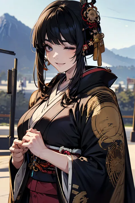 (masterpiece:1.5),beautiful hair,beautiful eyes,beautiful lips,Beautiful slender body,(Konno Anna:1.2),(Riho Yoshioka:1.1),(close your eyes and smile:1.3),(Mountains in the background:1.4),bust illustration from the front ,Cleavage,((((An Extraordinary Bea...