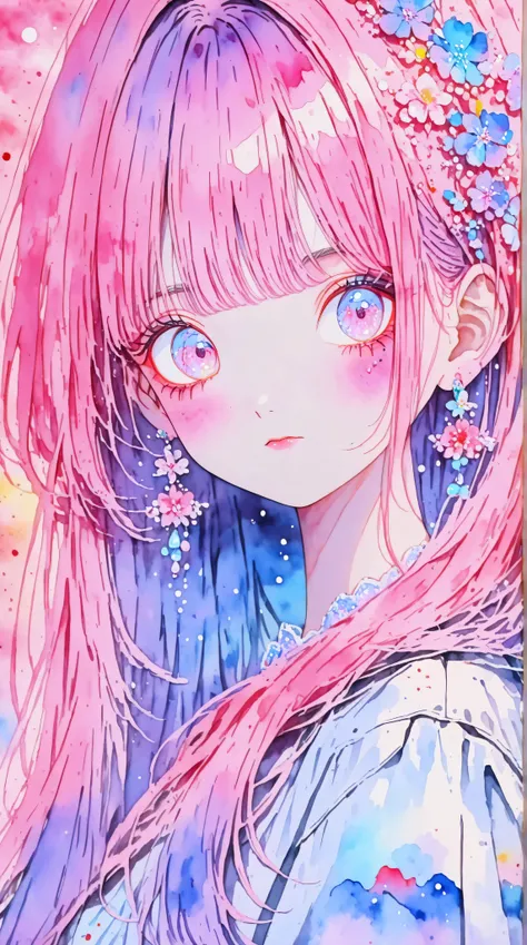 A young japanese woman, long eyelashes, pastel painting, thick coating, texture, inspired by Moebius, trippy, (((watercolor illustration))), portrait, big eyes, ulzzang, pink eyes, (best quality,4k,8k,highres,masterpiece:1.2),ultra-detailed,vivid colors,bo...