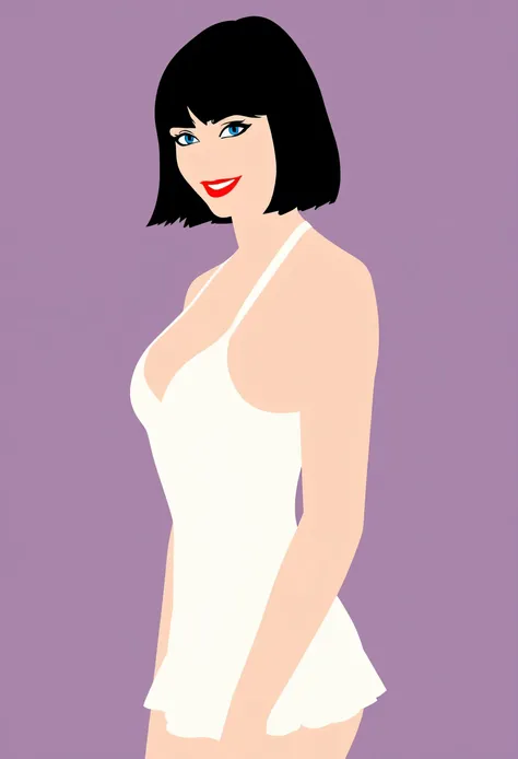 Aesthetically_Pleasant_Pose, 1Woman, Solo, Stencil, close up, A captivating simple Vector art of a black bob hair female wearing a white negligee, white short dress, blue eyes, and a red lip, cleavage, bare shoulders, purple background. Standing up, it’s a...