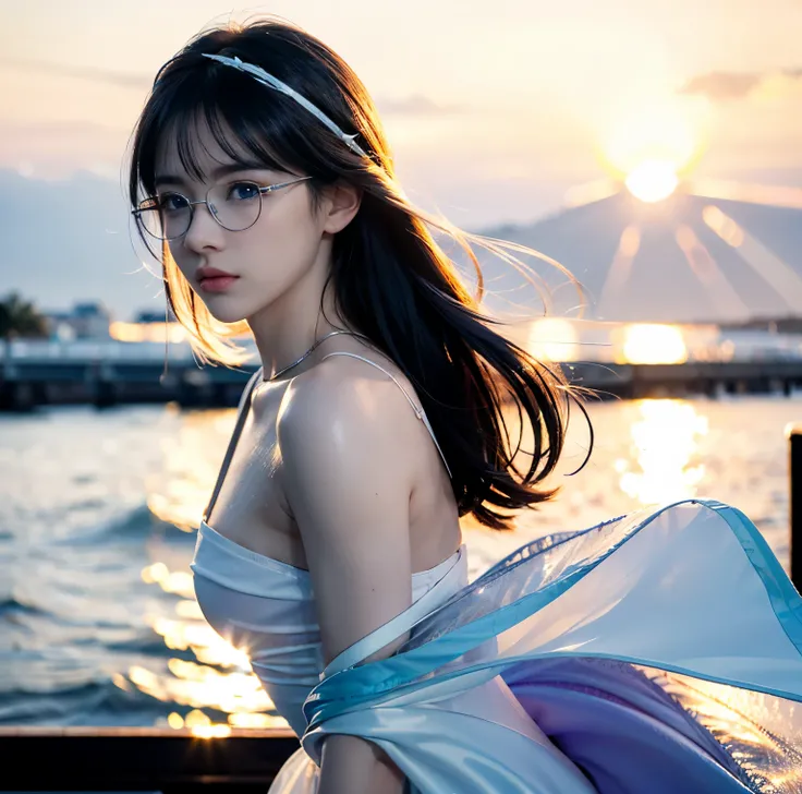 8K quality, pictures, Two beautiful men and beautiful women, Beautiful like a goddess, The backlight of the intense sunset is dazzling, Above chest, (Clothes with no exposure at all:1.2), (Fine silver glasses:1.2), (Brilliant, beautiful, bright blue eyes:1...