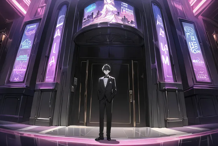 I'm watching a tall man in a tuxedo come here、at the entrance of a building with glittering neon lights、A man is standing in front of the entrance、
、Source Anime, (Masterpiece), (Best Quality)), (Very Detailed), (Amazing), (Detailed)), 4K, (8k), Highest Qu...