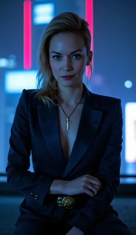 Britt Lower as Meredith Stout, futuristic cyberpunk officer, sitting, on a rooftop, at night, overlooking a neon-lit cityscape, confident and serious expression, subtle cybernetic implants on her face, blonde hair is styled in a swept-back, slightly messy ...