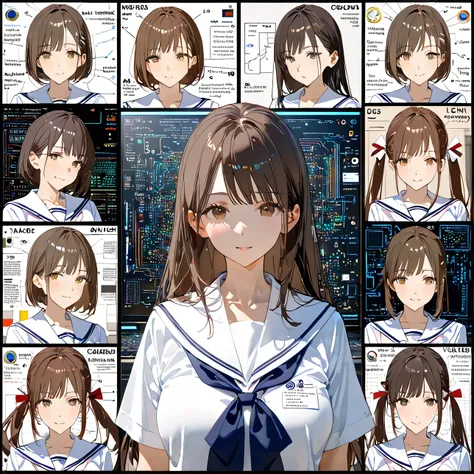 Breathtaking Beauty, High Quality, 8k, animations, Upper body portrait, Complex semiconductor circuit diagrams and electronic circuits in the background, mature adult Japanese woman, Beautiful portraits of modern Japanese women , collage of characters and ...