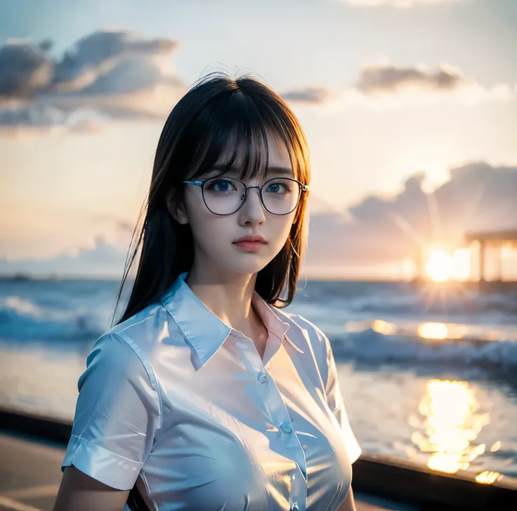 8K quality, pictures, Two beautiful men and beautiful women, Beautiful like a goddess, The backlight of the intense sunset is dazzling, Above chest, (A shirt with no exposure at all:1.2), (Fine silver glasses:1.2), (Brilliant, beautiful, bright blue eyes:1...