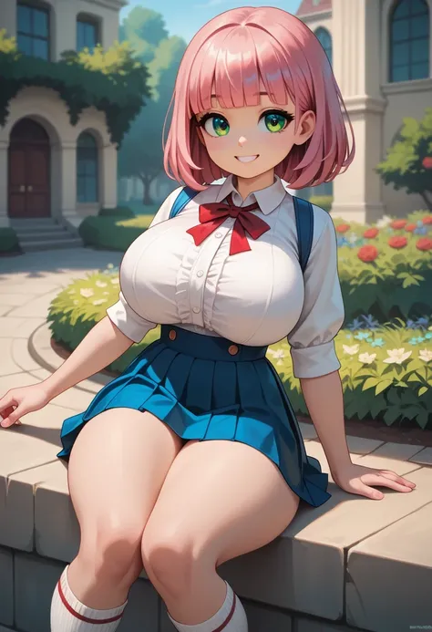 (ultra-detailed), (loli, cute girl , Petite body, Short limbs:1.1), ( white blouse, blue suspender skirt, red chest ribbon , white knee-high socks ),( pink hair, blunt bangs, bob hair), cute big eyes , green eyes, smile, big thighs , huge breasts , B...