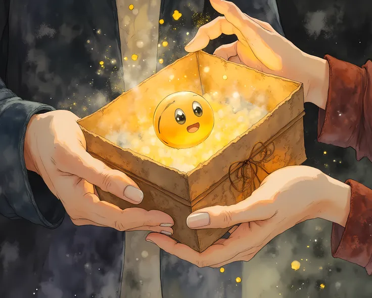A pair of hands holding a gift box, Inside the gift box is a smiley icon.. drawing pictures in the style of ghibli