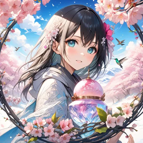 1girl, pretty face、Baby Face、translucent、(((dynamic best composition、top quality、masterpiece、Super Detail、high definition、Sakura Fubuki、Cherry Blossoms)))、half the screen and the four seasons are different、The left side is winter and snowing、右側が春でSakura Fu...