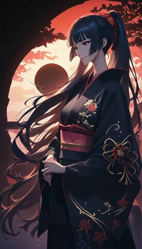 masterpiece, best quality, amazing quality, hyper-detailed, newest, very aesthetic, A girl in a kimono is standing up, no pattern only mat black kimono, Her hair is in a long ponytail and hime cut, The sunset in her eyes, The light hits her face, Half land...