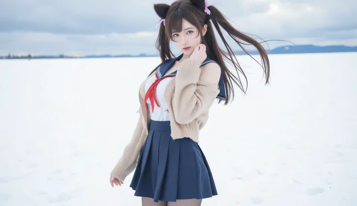 atago, 1 girl, solo, atago \(Azur Lane\), cosplay, a mole under the eye, animal ears, very long hair,bungs, side lock, hair bows, ,Cardigan, sailor color, sailor suit, long sleeve, pleated skirt, pantyhose, ((cowboy shooting)), ((bare shoulder)), ((Short h...