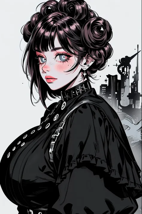 (masterpiece:1.2, best quality), (real picture, intricate details), (1lady, solo, upper body, big) The clothes ar：avant-garde，avant-garde，Experiment with appearance：curlies，Dramatic makeup，Unconventional fashion choice behavior：rebelliousness、non-conformis...