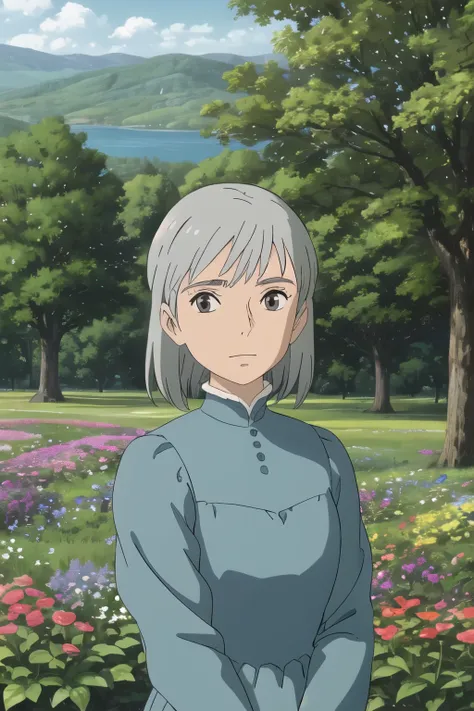upper body, (Best Quality), (obra-prima), (Sozinho), 1 menina, gray hair, head, Medium length hair, blue dress, grama, flores, lago, trees, montanhas, ensolarado, looking at the viewer