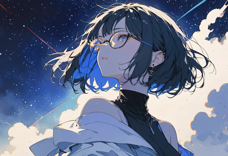 masterpiece, best quality, great quality on the front of the body, very aesthetic, high definition, newest, watercolor touch,  HYPER DETAIL, Off Shoulder, profile, one girl, black hair, flat color,short hair, small breasts in Mbini, glasses, soft lighting,...