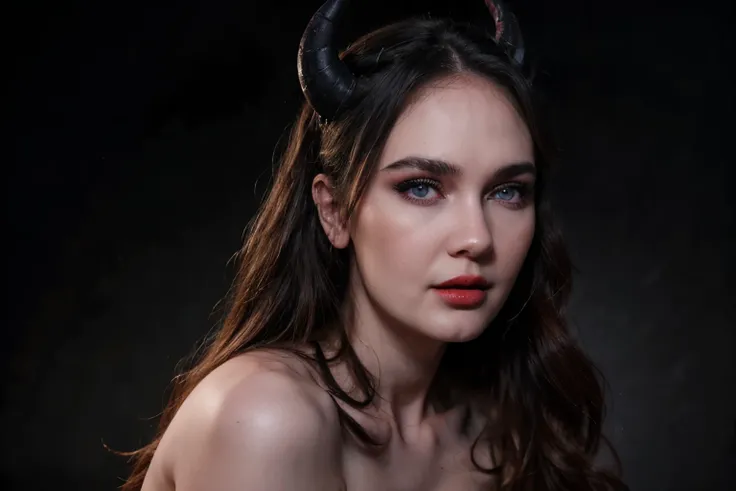demon with high quality detail, demoness with beautiful model face, shimering lips, model face, black and grey color, half body pose, very high detail, 8K resolution, bright red lipstick, chubby, blue eyes, fat, dark grey background, no horns