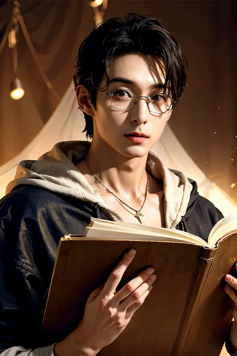 ((Brown eyes with a strong hanging angle))Smooth, smooth skin and a healthy tan((精密細密なplain glasses))40 year old man is an advanced wizard(Smooth, smooth skin, thin chin and cheeks)dark brown hair and big dark brown eyes(Dark brown dyed hair)read a very la...