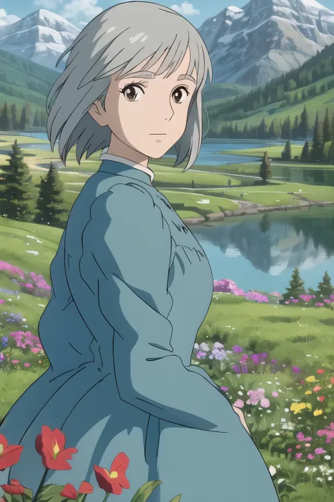 upper body, (best quality), (masterpiece), (solo), 1girl, grey hair, brown eyed, medium length hair, blue dress, grass, flowers, lake, trees, mountains, sunny, looking at viewer