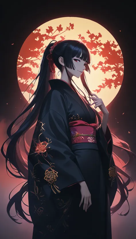 masterpiece, best quality, amazing quality, hyper-detailed, newest, very aesthetic, A girl in a kimono is standing up, no pattern only mat black kimono, Her hair is in a long ponytail and hime cut, The sunset in her eyes, The light hits her face, Half land...