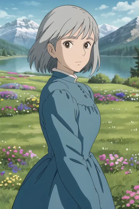 upper body, (best quality), (masterpiece), (solo), 1girl, grey hair, brown eyed, medium length hair, blue dress, grass, flowers, lake, trees, mountains, sunny, looking at viewer