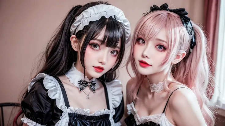 in Maid-concept cafe, cute, vibrant decorations on the wall, SUNSHINE, Maid, servant , tomato spaghetti, Pink Gothic Lolita Fashion, , Wide Mouth, A spoiled look, lovey-dovey , shiny bright red and pastel rouge hair, Pompadour Hairstyles , twisted ba...