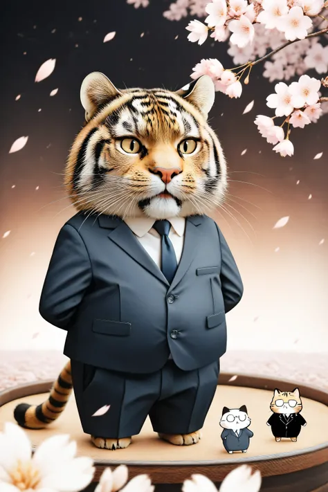 ((2:1.3))A tiger cat that got fat to the limit of、(masterpiece, top quality:1.2), Animal Focus , There are no humans, Chibi-style cat, , , proportions of 2 heads, 柔らかい布のディテールが施された会社員A tiger cat that got fat to the limit of、((glasses:1.3))Play 、under a ro...