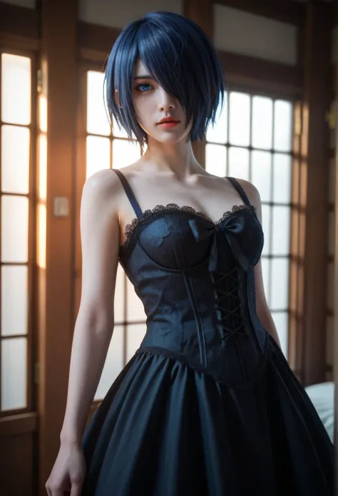 Kirishima Touka , Tokyo ghoul  > "Hyper-realistic gothic girl, short dark blue hair covering one eye, deep blue eye, perfect skin , wearing a detailed red and black corset dress with lace and ribbon details, dark fantasy atmosphere, cinematic lighting, ult...