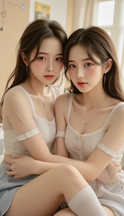 Two 18 year old Korean girls, 18 years old, very beautiful in a short school uniform cuddle their white stockings, and transparent topics