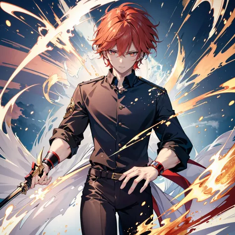high quality, masterpiece, delicate hair , delicate eyes full of determination, high quality, man, handsome man, sharp golden eyes, neutral expression, bright red hair, golden eyes, mysterious look, muscular, wearing a messy black shirt, black skinny pants...