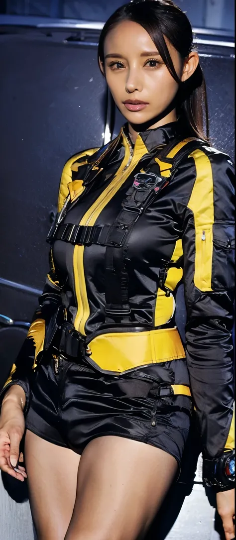 ( extremely realistic ), ( top quality ), ((round, SMALL AND PRECISE FACE )), black gloves,wristwatch,black eyes,short shorts,black shorts, boots, gloves, jacket,shorts, black hair,ponytail,adult female, Big Breasts,Big Breasts, Her breasts are ...