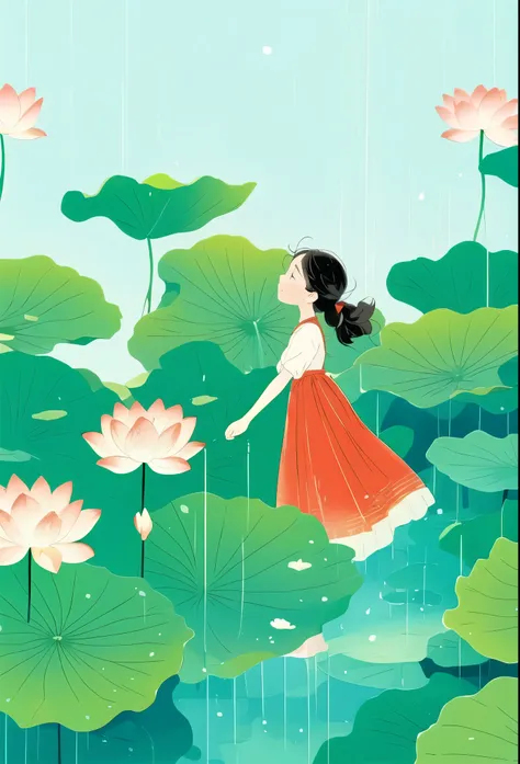 young girl with a peaceful and happy expression, black hair tied in a ponytail with a hairband, short wavy hairstyle, wearing a red dress with a white blouse, bare feet, light glow on skin, clear complexion, outdoor setting amidst large lotus leaves and pi...