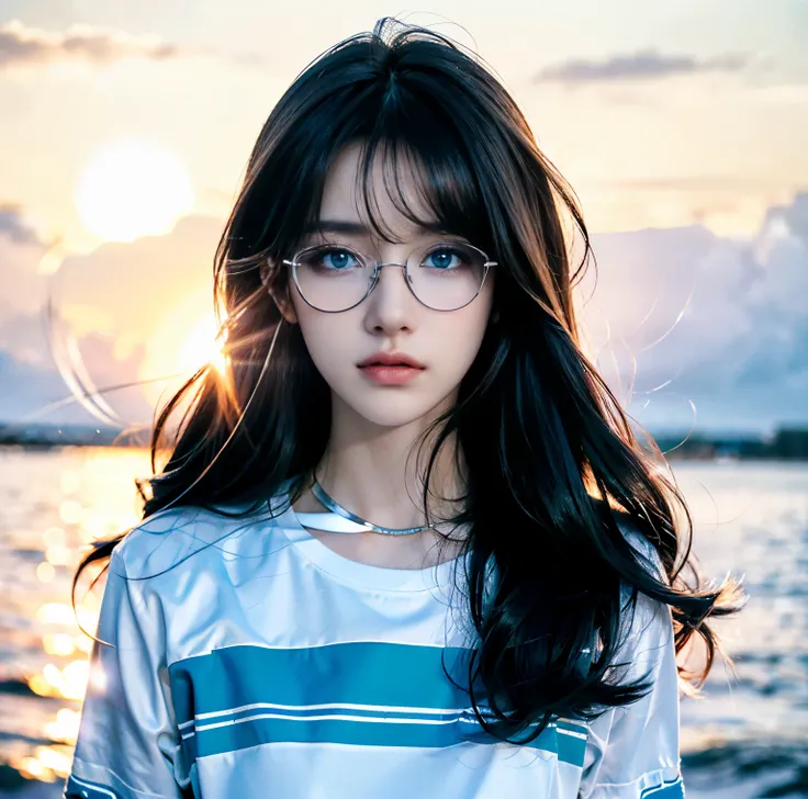 8K quality, pictures, Two beautiful men and beautiful women, Beautiful like a goddess, The backlight of the intense sunset is dazzling, Above chest, (A shirt with no exposure at all:1.2), (Fine silver glasses:1.2), (Brilliant, beautiful, bright blue eyes:1...