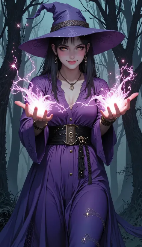 a witch. She is dressed in a long, flowing purple dress that emphasizes her lush form. On her head she wears a wide-brimmed hat that is slightly shifted, which gives her image a mysterious quality.
Her face expresses confidence and a slight slyness - her...