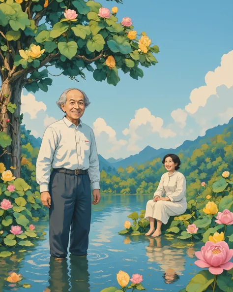 An elderly couple in a peaceful, sunlit countryside setting. The old man is standing knee-deep in a serene lotus pond, smiling warmly, while the old woman sits nearby on the grassy bank under a large, shady tree, laughing joyfully. Bright yellow and pink l...