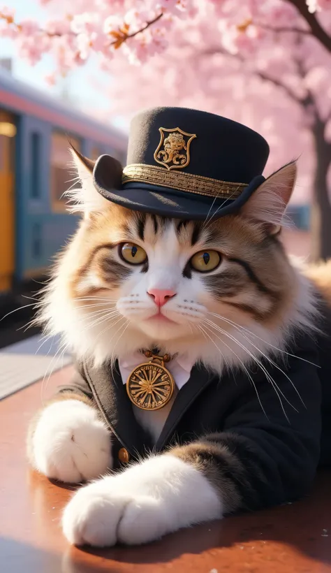 ((station attendant cat、train hat、train ticket、background train、Background station 、cat station attendant、wearing a suit)),Cat Railroader is a realistic image of a fluffy white and brown cat wearing a railroader's hat and a black bowler hat with gold accen...