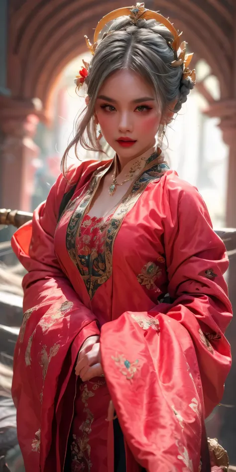 portrait of a beautiful 20 year old holy woman, wearing a thin multicolored silk dress, beautiful face without blemishes, ((natural smile:0.3)), Mouth closed, ((7-color hair length:1.2)), big crown, hair brooch, hanfu dress, chinese ancient style, full bod...