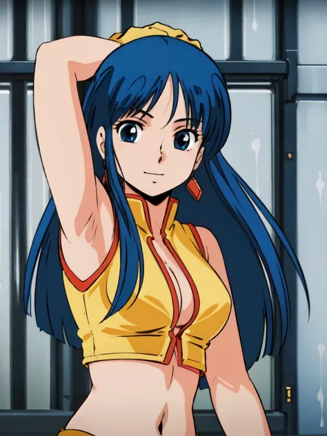 armpits,wet skin,masterpiece,high quality,ultra high definition,solo,outdoor,
viewers,smile,
Yuri,1 girl,
long hair,blue hair,earrings,blue eyes,
yellow crop top,clevage cutout,sleeveless,superior,